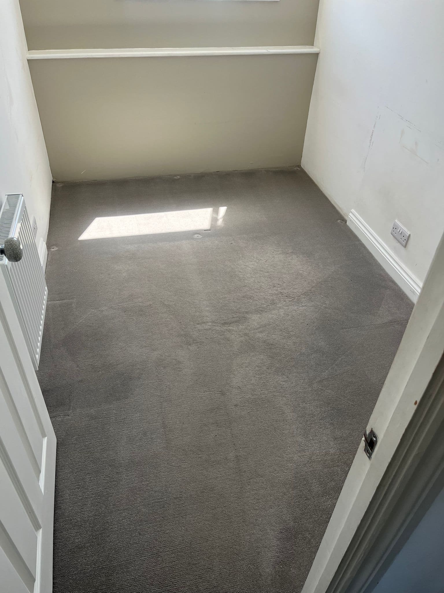 Freshly deep-cleaned grey bedroom carpet with fresh vacuum lines